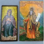 Russian male icon, 30 x 49 cm high, together with an Russian female icon, 20 x 43 cm high