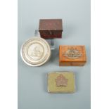 Four various small military commemorative and other tin boxes