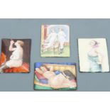 Four reproduction small glass-enamelled copper erotic plaques, 9.5 cm x 7 cm