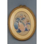 A 1920s embroidered silk-work and painted depiction of a lady holding Cupid's bow and arrow, in a