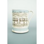 A 19th Century pottery cup / mug transfer-decorated in the round with an image of steam