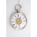 A late 19th Century Swiss white metal pocket watch retailed by H E Peck of London, having a white