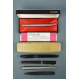A cased Parker fountain pen, one other Parker and other fountain pens etc