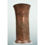 A Keswick School of Industrial Art copper vase, cylindrical with everted rim and decorated in a