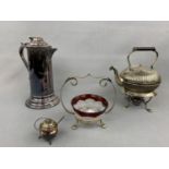 An electroplate spirit kettle, coffee jug, mustard pot etc.