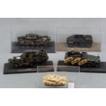 Five model military vehicles including Cruiser tank Mk VI, Ford M20 armoured utility car etc.