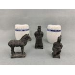 Two ginger jars and three Chinese miniature terracotta army figures