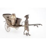 A 1930s South Asian electroplate novelty cruet trolley in the form of a rickshaw