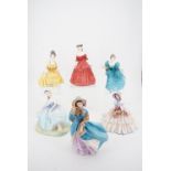 Six Royal Doulton figurines; Coralie HN 2307, Delphine HN 2136, Rhapsody HN 2267, Vivienne HN