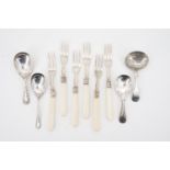 A set of six silver and Ivorine fruit forks together with four electroplate caddy spoons