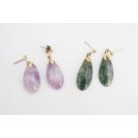 Yellow metal mounted amethyst and moss agate ear pendants, approx 3 cm