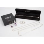 A group of contemporary silver, white metal and amethyst jewellery including a dress ring and