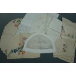 Early 20th Century hand-embroidered afternoon tea tray / table linens, including three tea pot