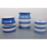 T G Green Cornish Kitchenware storage jars, 17 cm high, a Clover Leaf utensils jar and a lidded