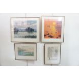 (Russian, 20th Century) Four woodblock prints depicting outdoor scenes, including a two winter