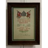 A framed Great War Border Regiment service certificate