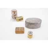 A Meiji Japanese brass snuff or pill box, a cloisonne box, a champleve enamelled brass snuff and