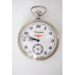 A Russian Slava railway pocket watch, the case back relief-decorated in depiction of a
