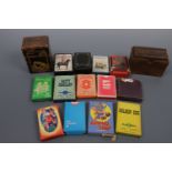 A quantity of playing cards, a late 19th / early 20th Century pen-worked wooden cards box etc