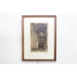 (19th Century) Cathedral interior, drypoint, hand-tinted, indistinctly signed, framed and mounted