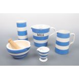 T G Green Cornishware milk jug, pestle and mortar, measured jug and utensils pot