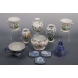 A Bing and Grohndal bell and three small dishes, a Wedgwood Wild Strawberry vase, 20 cm high, two