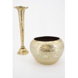 An Indian brass trumpet vase, 34 cm high together with an Indian cachepot, 20 cm diameter