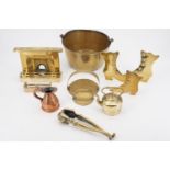 Victorian brass hearth ornaments together with a small brass pan etc