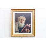 Head and shoulder study of a Jewish Rabbi deep in thought, reading, oil on panel, signed in red
