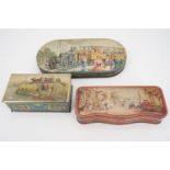 Three vintage biscuit tins commemorating historical events, including Huntley and Palmers A Lost