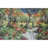 An early 20th Century chenille throw / wall hanging, woven to depict a woodland scene with