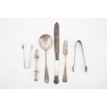 Two sets of silver sugar tongs, an enamelled electroplate pickle grab, a white metal spoon, a fork