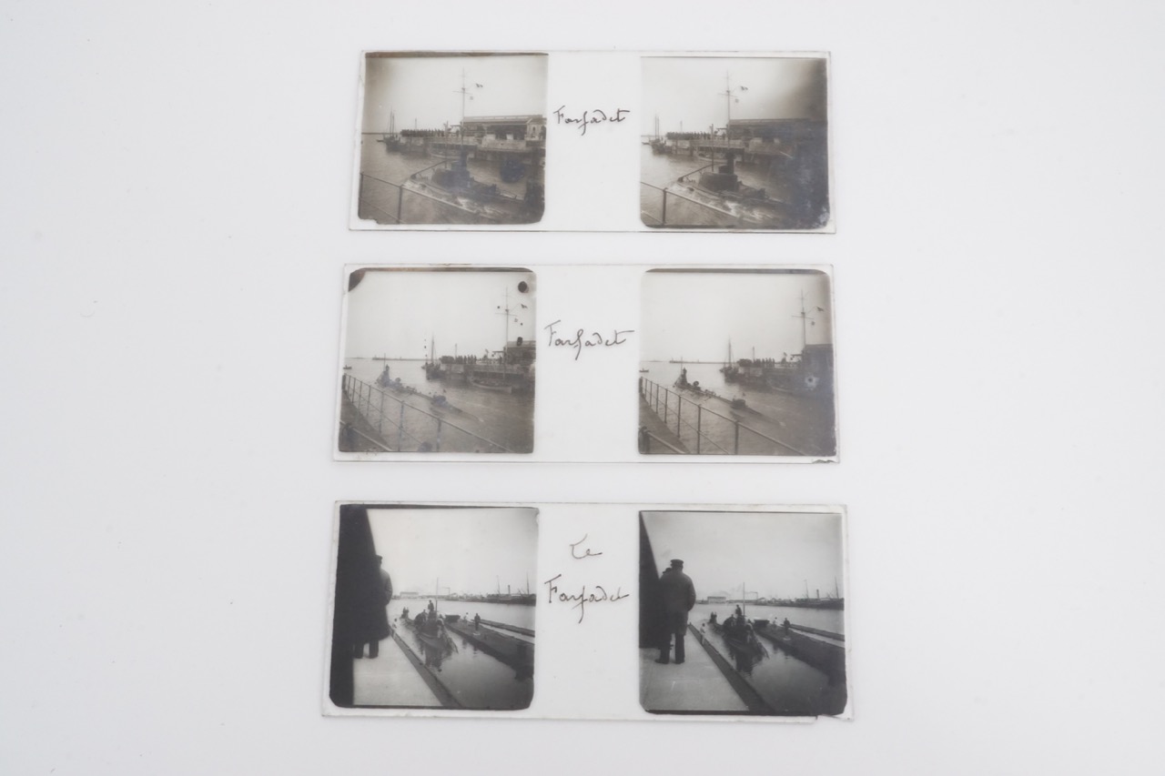 Three pre-Great-War stereo photographic slides depicting a Farfade French Navy submarine, 10.5 x 4.5