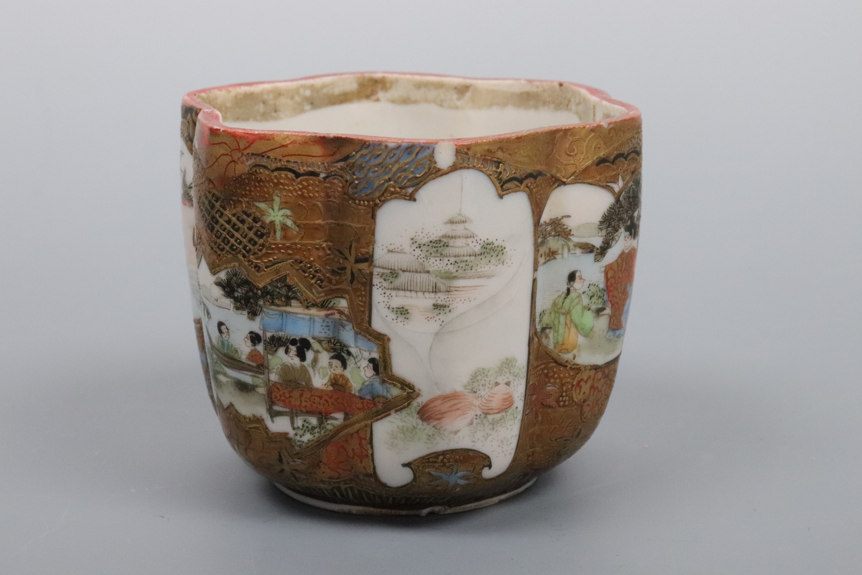 A small Meiji Japanese Satsuma ware bowl or cup, of lobed form and decorated in a series of - Image 3 of 6
