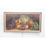 (19th Century) Still life with fruit spilling out from a wicker basket, oil on canvas, framed, 35