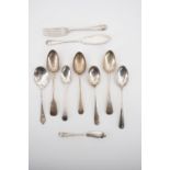 Sundry silver and white metal spoons and butter knives, Georgian and later, together with a silver