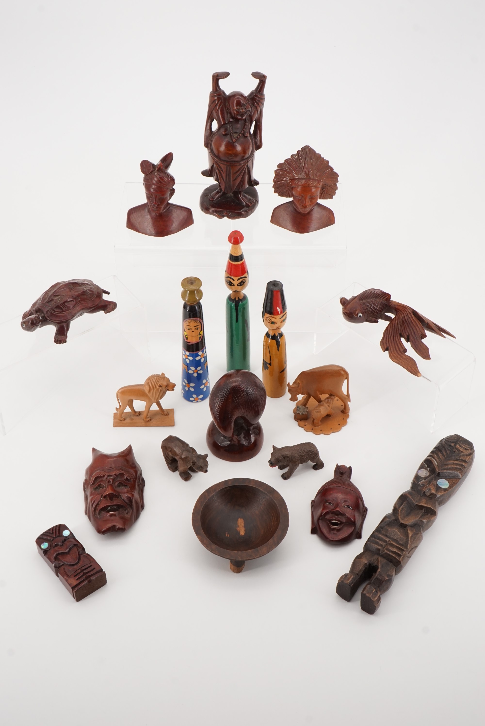 Oriental and other carved wooden objects including miniature Japanese noh masks, Buddhas etc