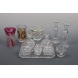 A Stuart Crystal rose bowl, a French Vanne glass owl dish, a dressing table set and two vases