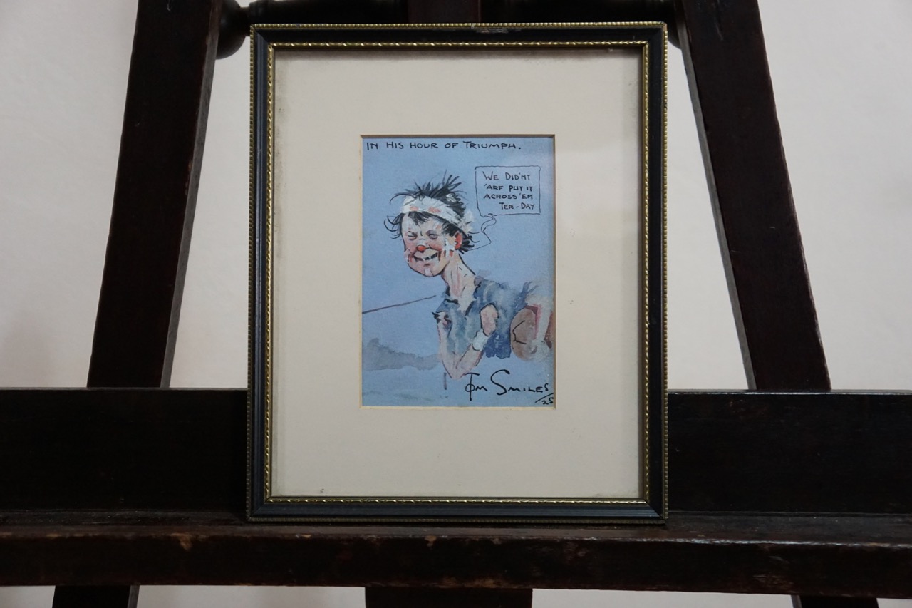 Tom Smiles (20th Century) Watercolour and pen and ink caricature of a rugby player entitled In His