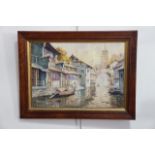 (19th Century) An oriental waterway street scene with bridge and moored boats, watercolour, signed
