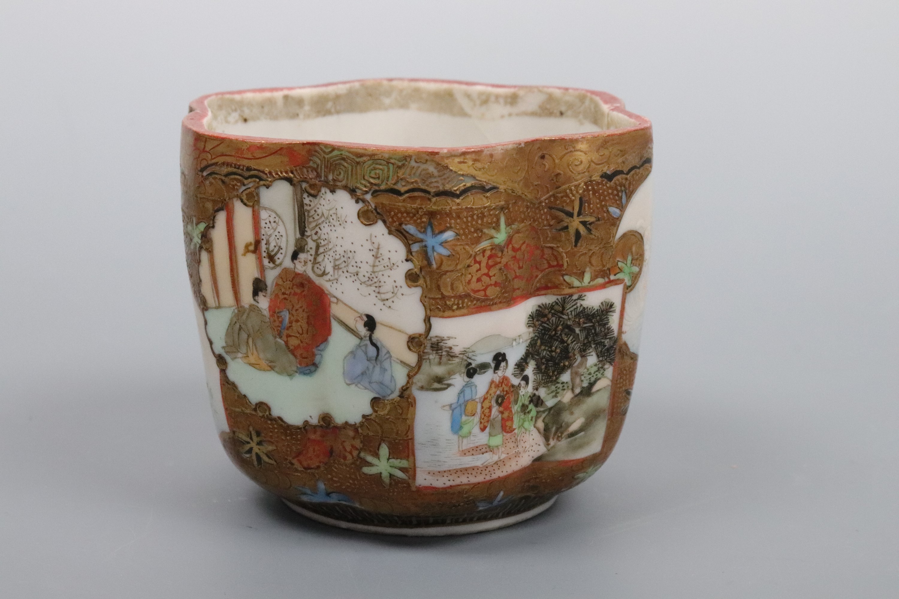 A small Meiji Japanese Satsuma ware bowl or cup, of lobed form and decorated in a series of - Image 5 of 6