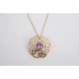 A Celtic-influenced 9 ct gold and amethyst pendant, comprising a circular open interlaced