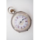 A late 19th Century lady's white metal fob watch, having a profusely engraved case and gilt-enriched