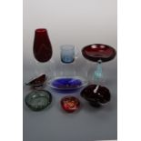 A collection of mid 20th Century and later studio glass, including a controlled bubble dish, a