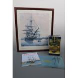 A Lambs 100 Navy Rum HMS Warrior decanter, related two publications, Warrior, the First and Last and