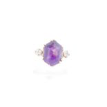 An amethyst and white sapphire dress ring, the hexagonal amethyst (13 x 10 mm) claw-set between