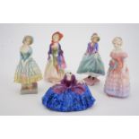 Five small Royal Doulton figurines; Pantalettes, Bridesmaid, Priscilla M13, Paisley M4 and Polly