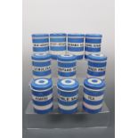 Ten T G Green Cornishware storage jars including; macaroni, semolina, dried fruit, custard powder,