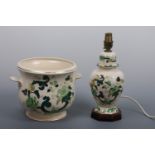 A Mason's Ironstone Chartreuse pattern footed cachepot and table lamp, cachepot 22 cm x 20 cm