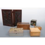 A Bennett Ltd tinplate savings box, circa 1930s - 1950s, Victorian wooden and other boxes together